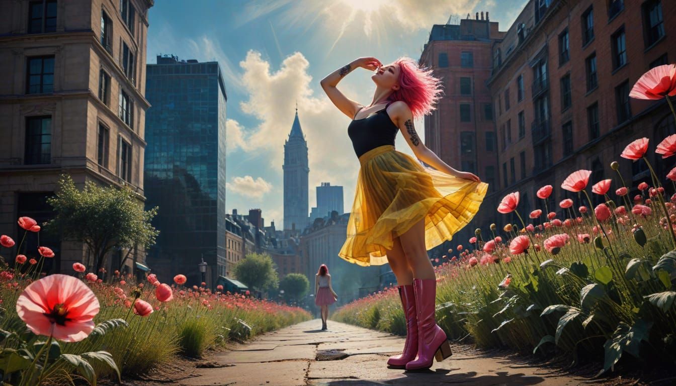 Woman with Poppy in Impressionistic Urban Wax Painting