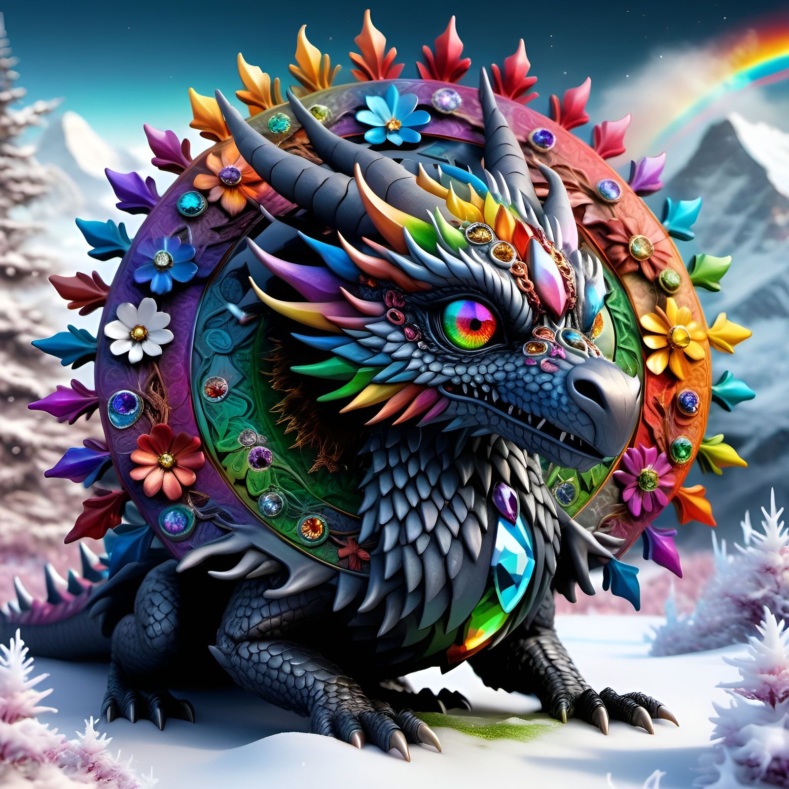 Ornate Tundra Dragon with Rainbow Mandala, Digital Art