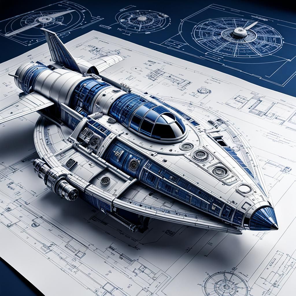 Detailed Spaceship Blueprint in 1920s Style