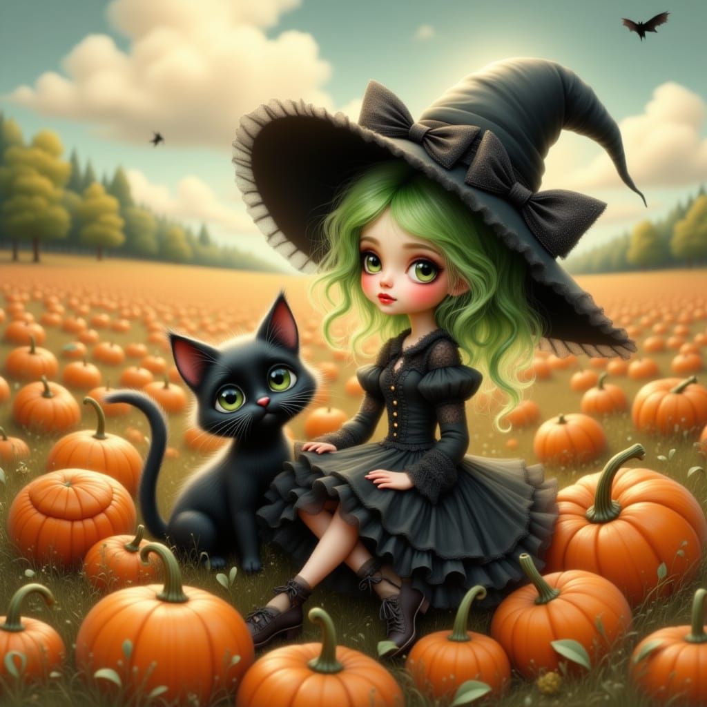 Cute Witch Girl and Cat in Pumpkin Patch