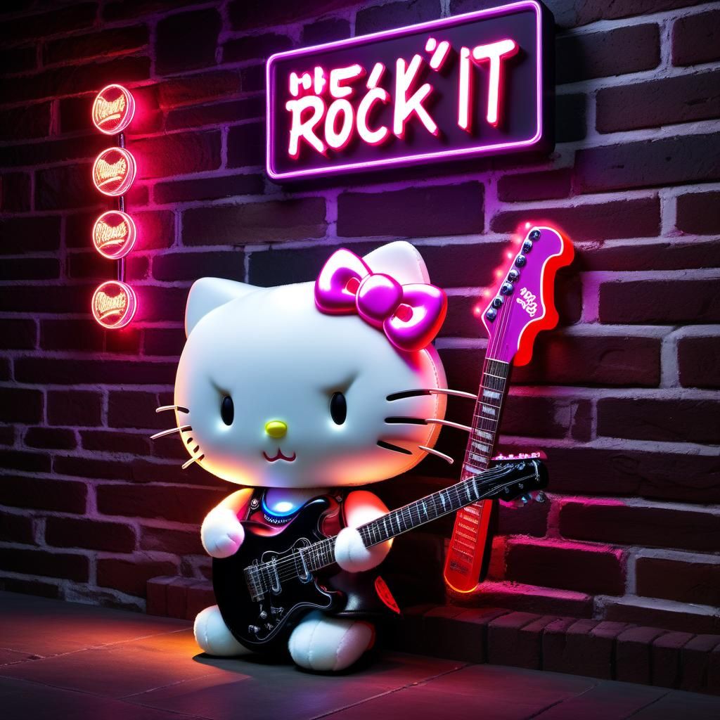 Hyperrealistic Rocker Hello Kitty Plush in Dark Fantasy Styl...