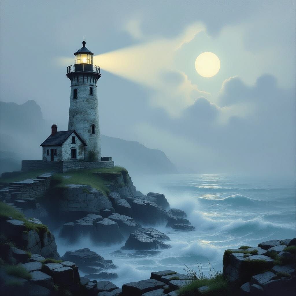 Ethereal Foggy Lighthouse Amidst Sea Ruins