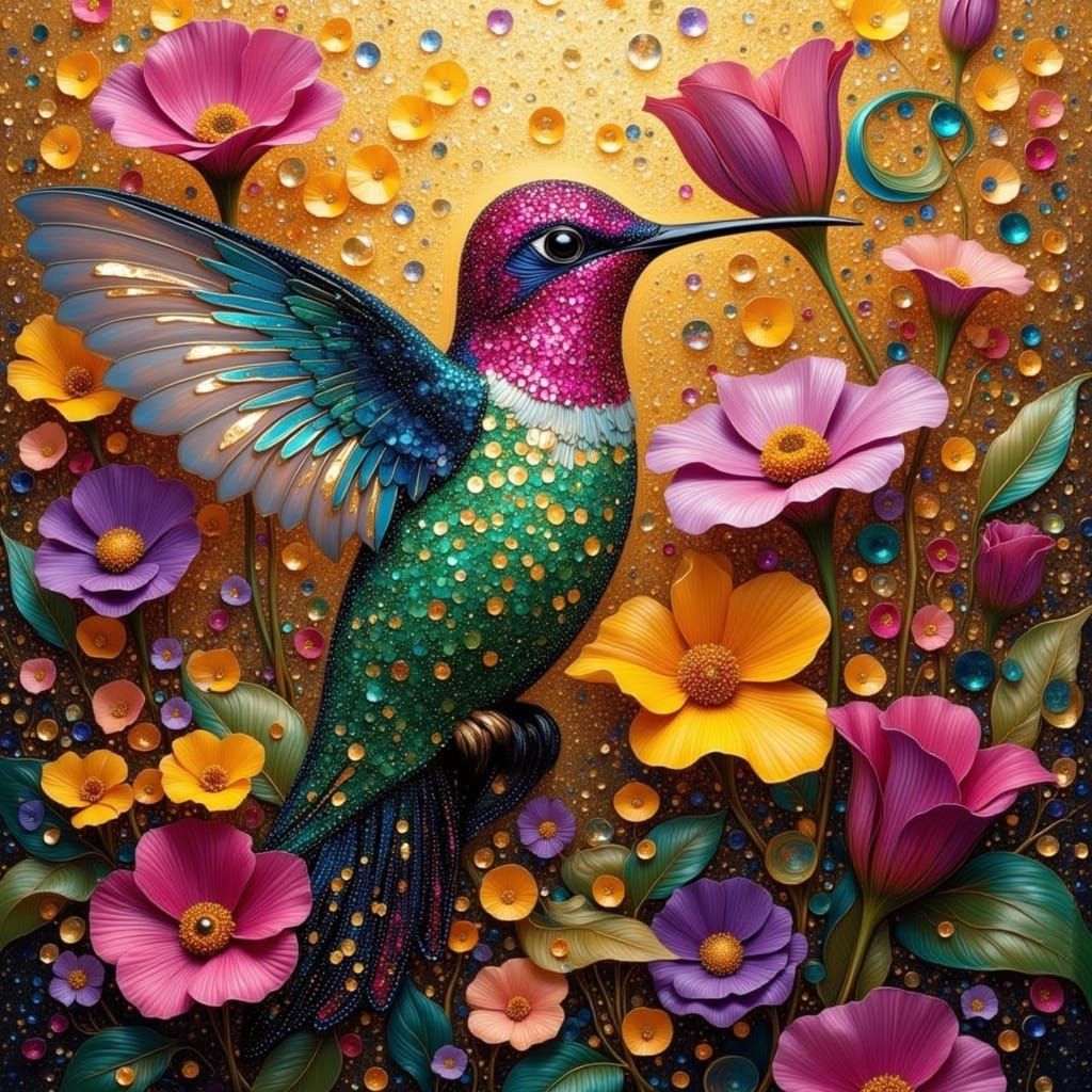 Surreal Sequin Hummingbird in Klimt-Inspired Style
