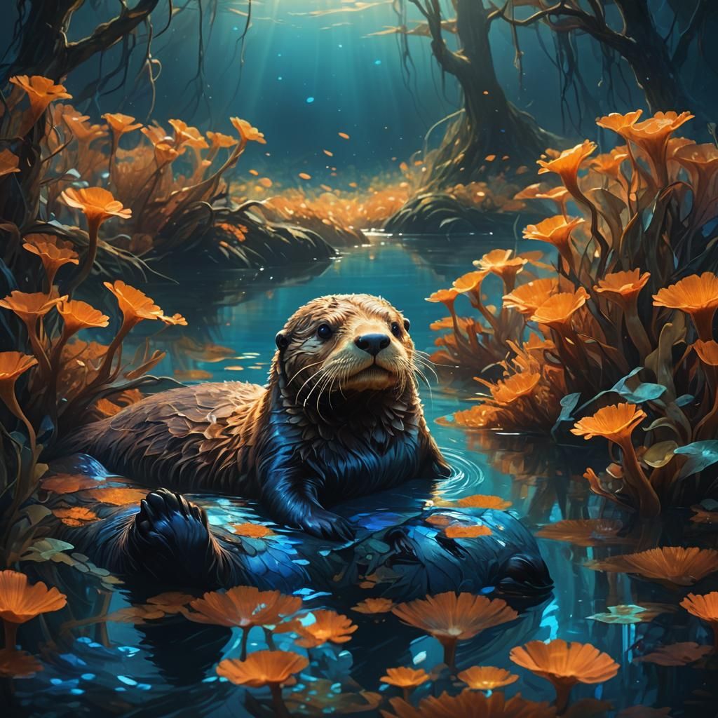 Sea Otter in Bioluminescent Kelp Forest