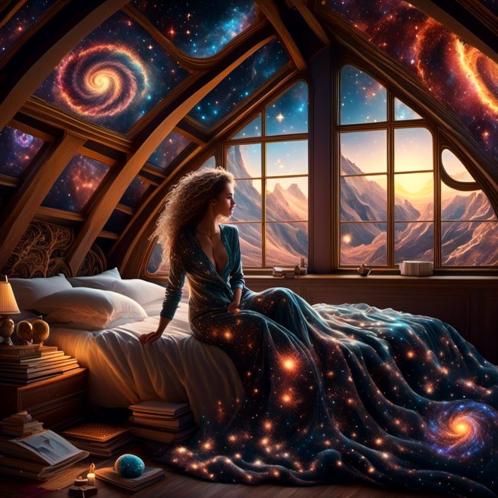 Woman in Attic Bedroom With Treasures, Oil Painting