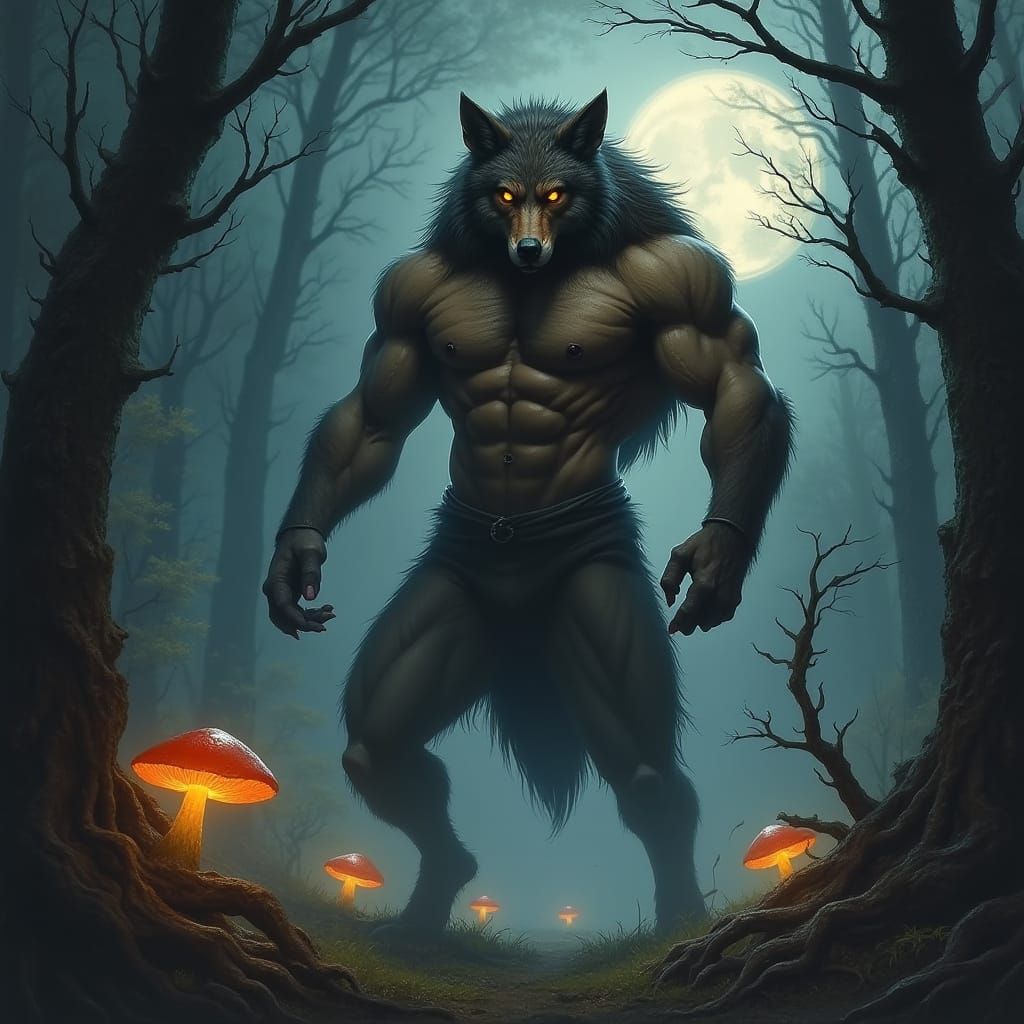 Surreal Gay Werewolf in Moody Forest Landscape