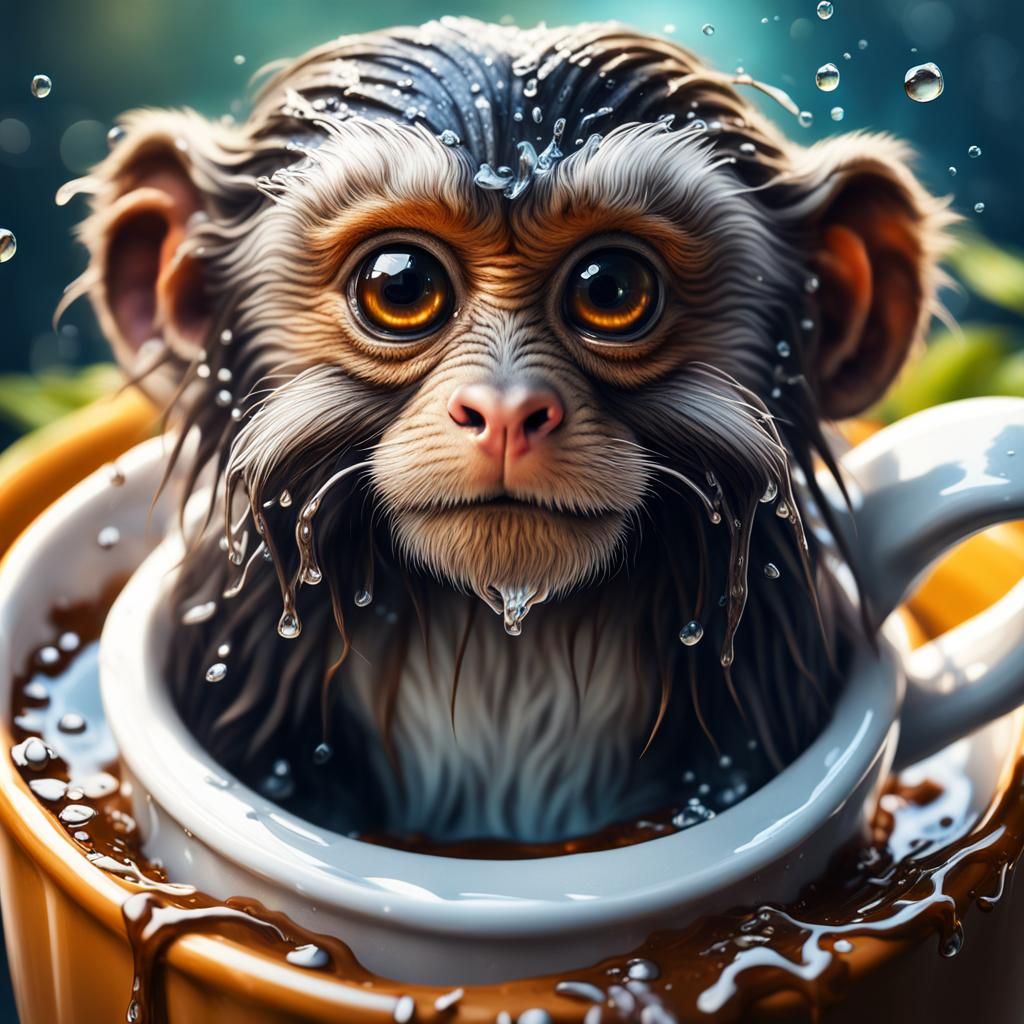 Bearded Tamarin Monkey Bathtime: Hyperrealistic Digital Art