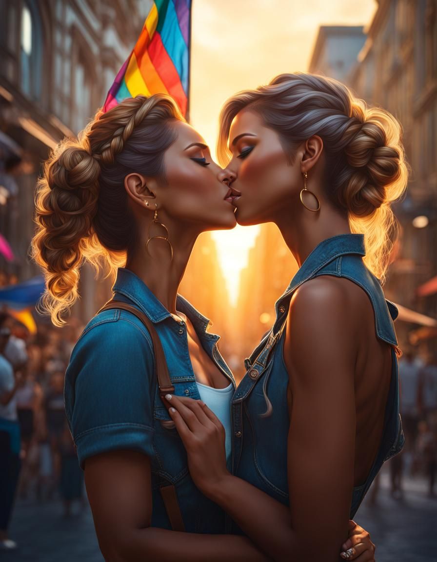 Two young women expressing their love publicly at a Pride ev...