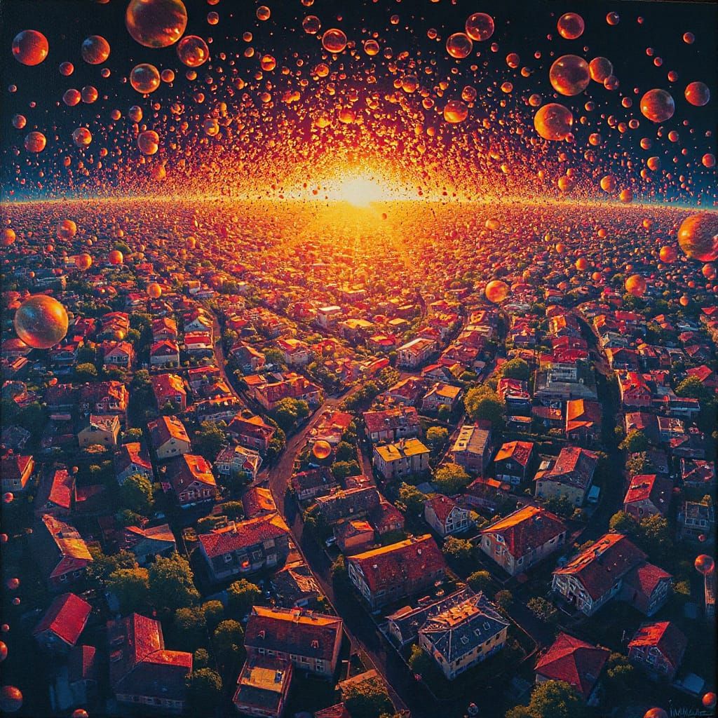 Endless Rainbow Bubbles Over Neighborhood, Digital Art