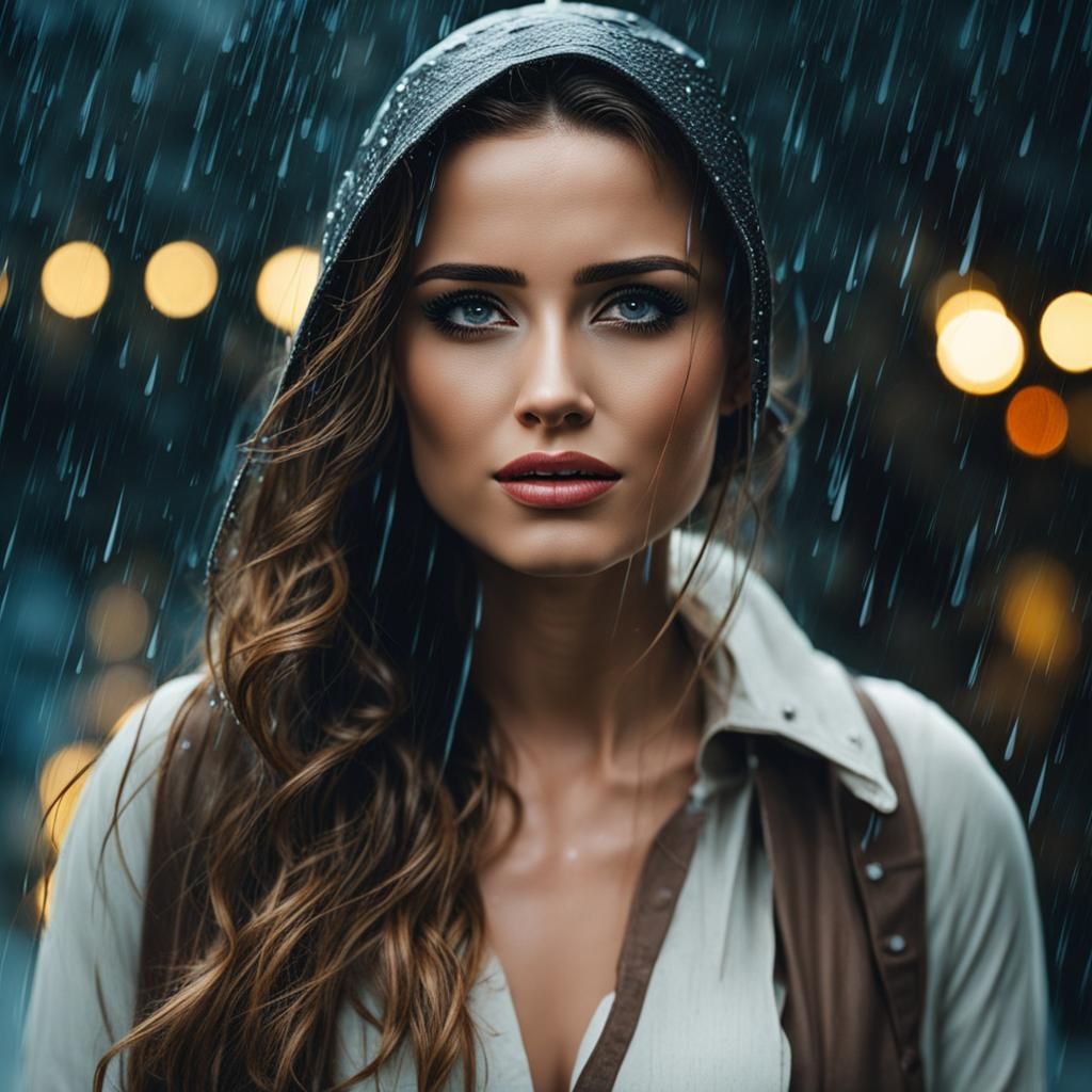 Ravishing Woman Crying in the Pouring Rain