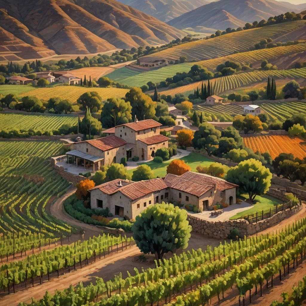 Serene Hacienda Valley at Sunset: Matte Painting Style