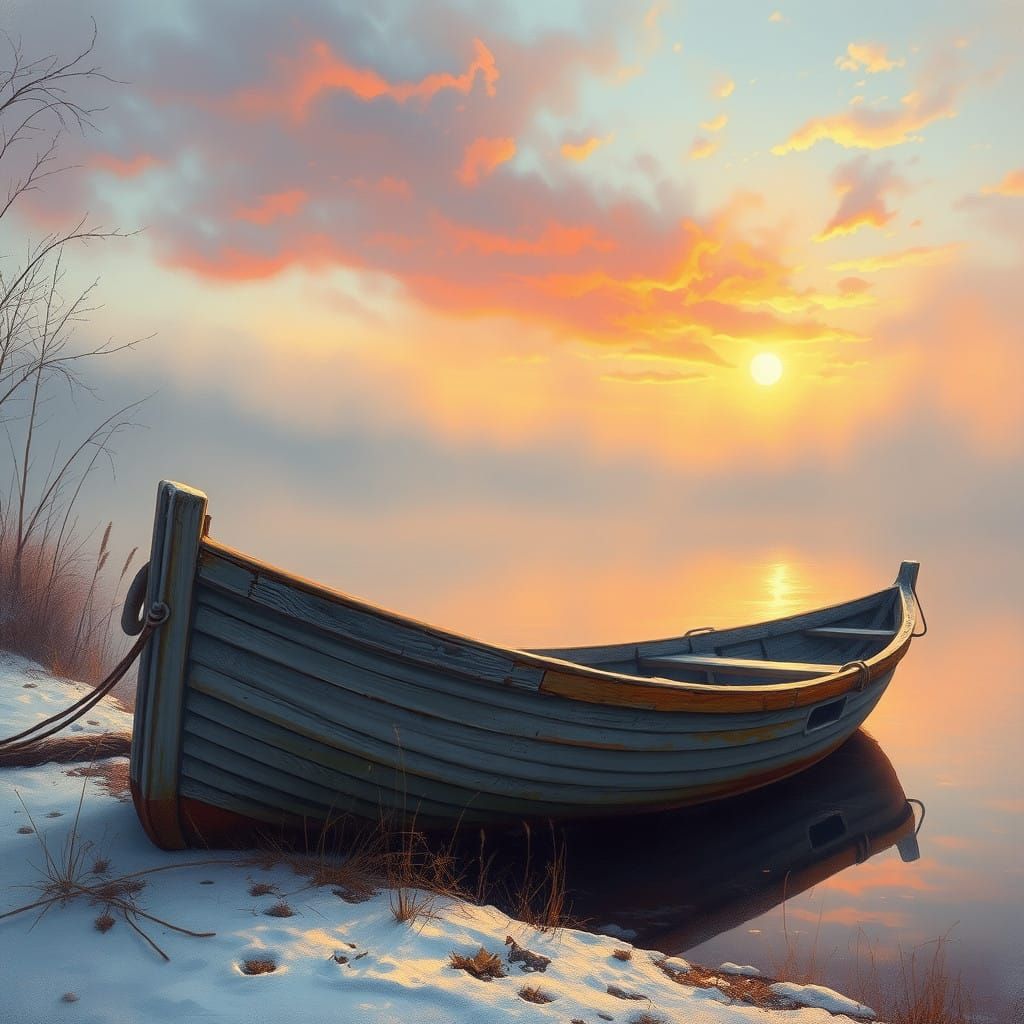 Serene Silver Grey Boat on Tranquil Riverbank