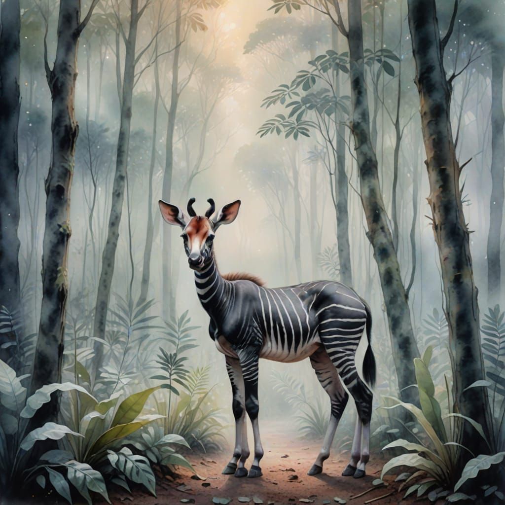 Baby Okapi in Ethereal Misty Forest