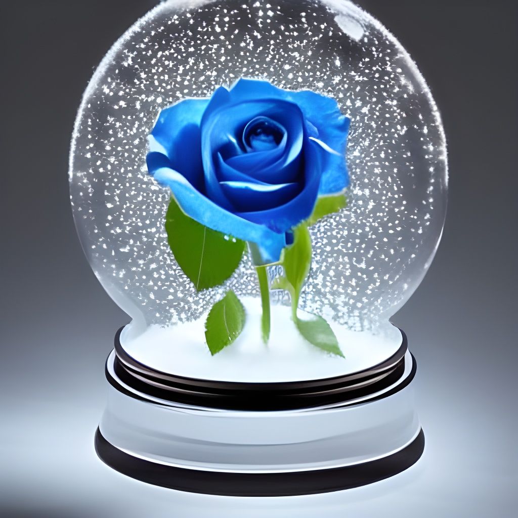 blue rose inside of a snow globe