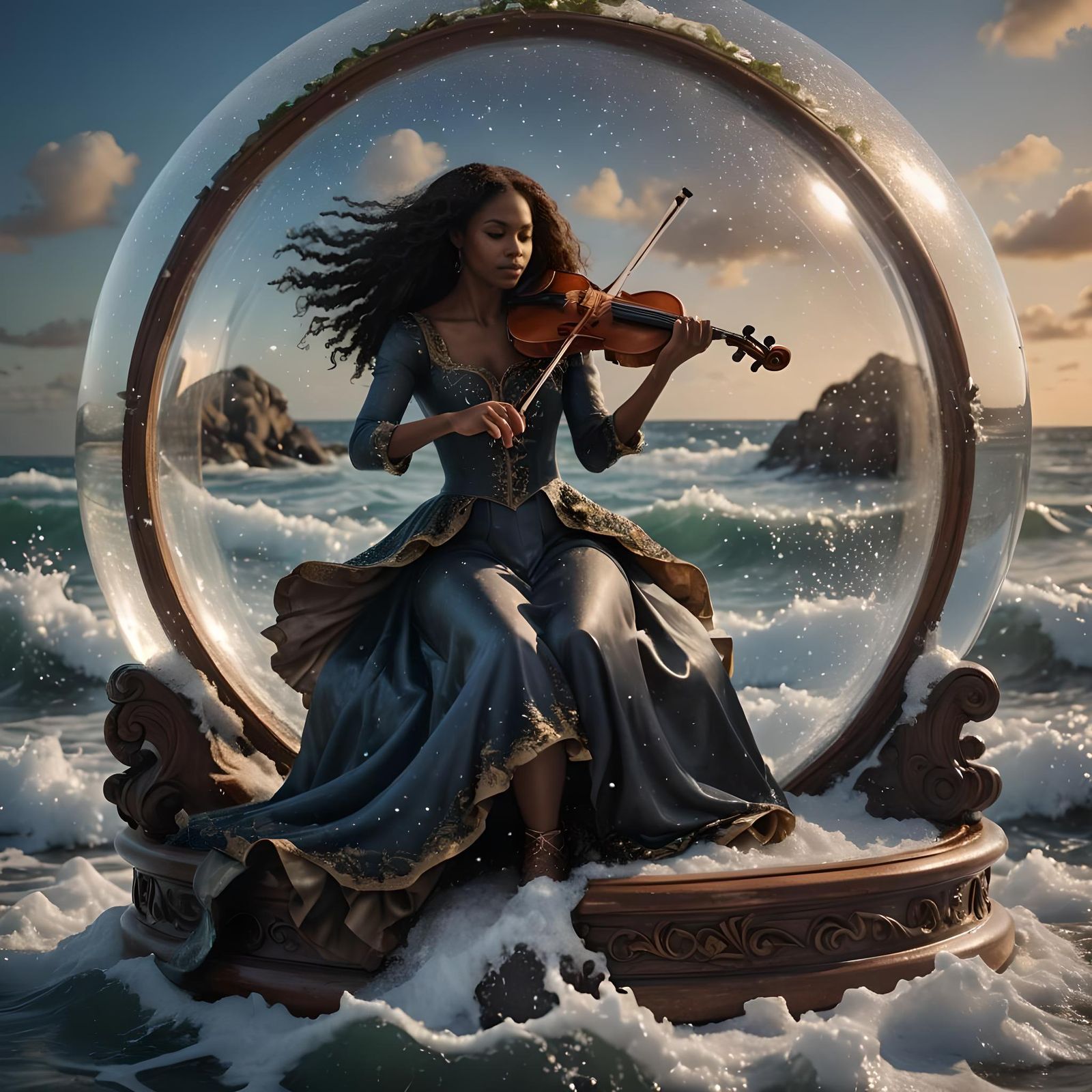 African American Woman Plays Violin in Snowglobe