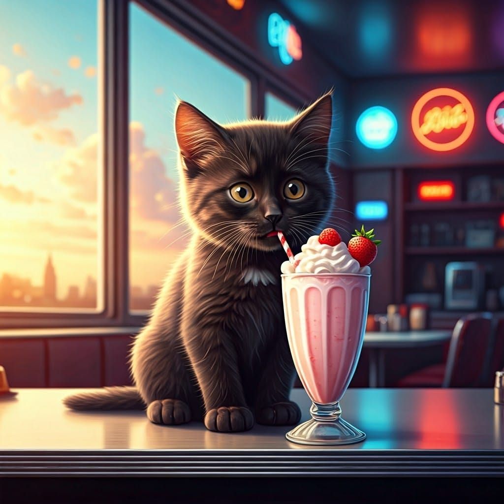 Whimsical Kitten Enjoys Strawberry Milkshake in Retro Diner