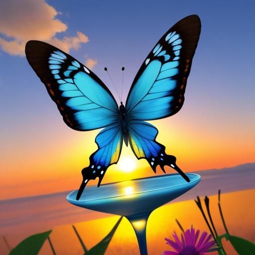 Sunset Embrace with Blue Butterfly
