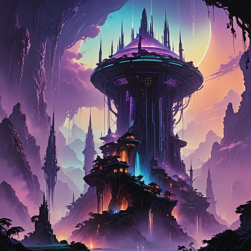 Levitating Alien Citadel in Neon-Lit Digital Art