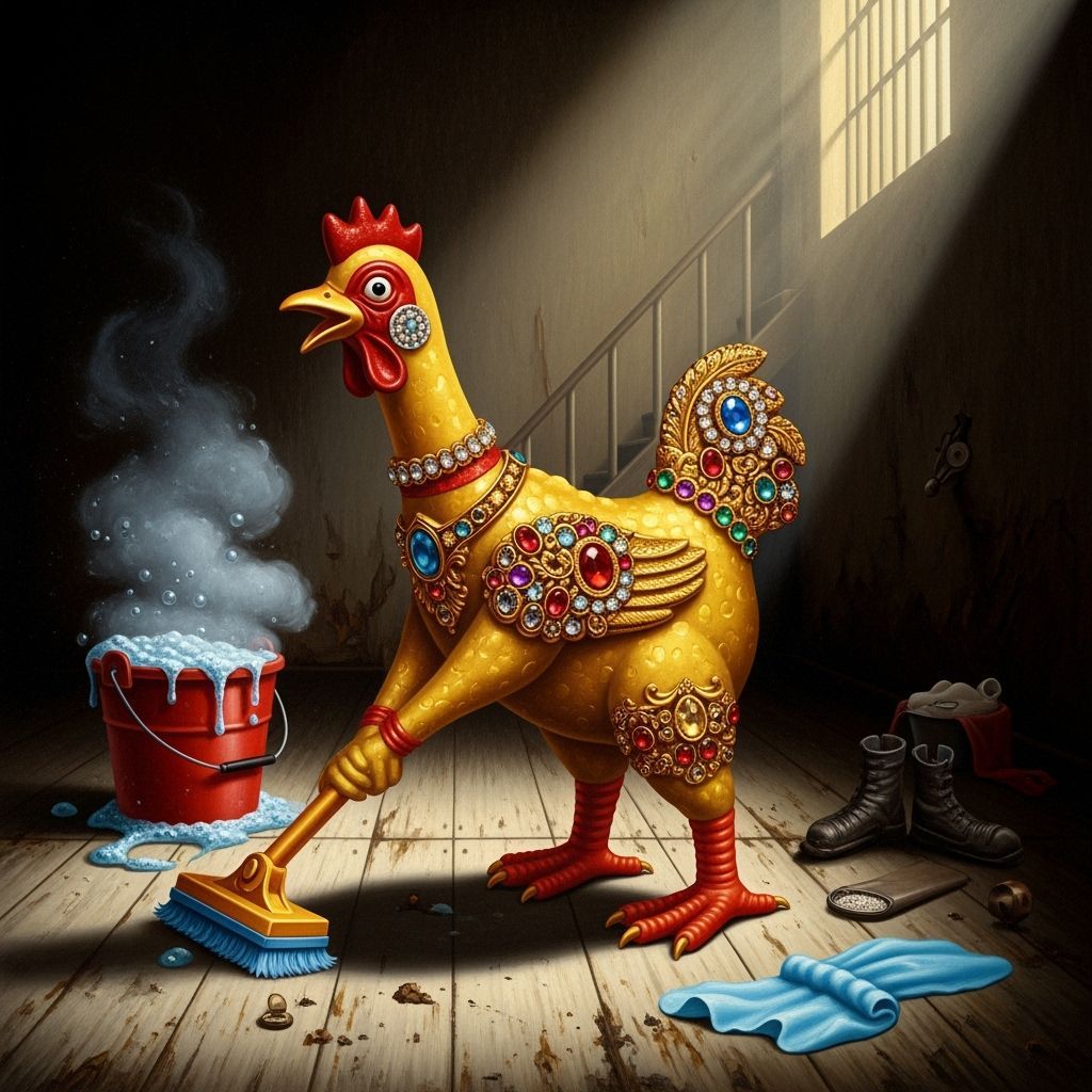 Ornate Rubber Chicken Cleans Alcatraz Cell in Hyperrealistic...