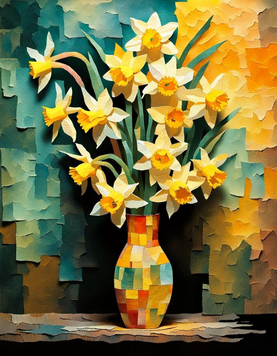 Daffodils in Torn Paper Impressionist Collage