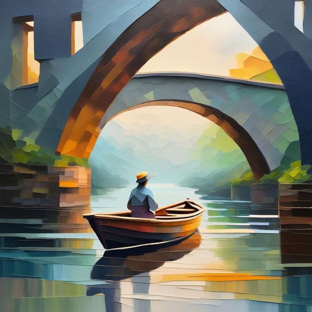 Serene Abstract Oil Painting of Boat Under Bridge