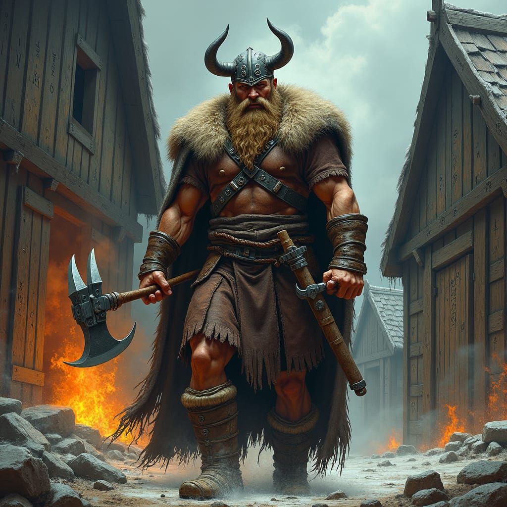 Fierce Viking Warrior in Smoldering Village