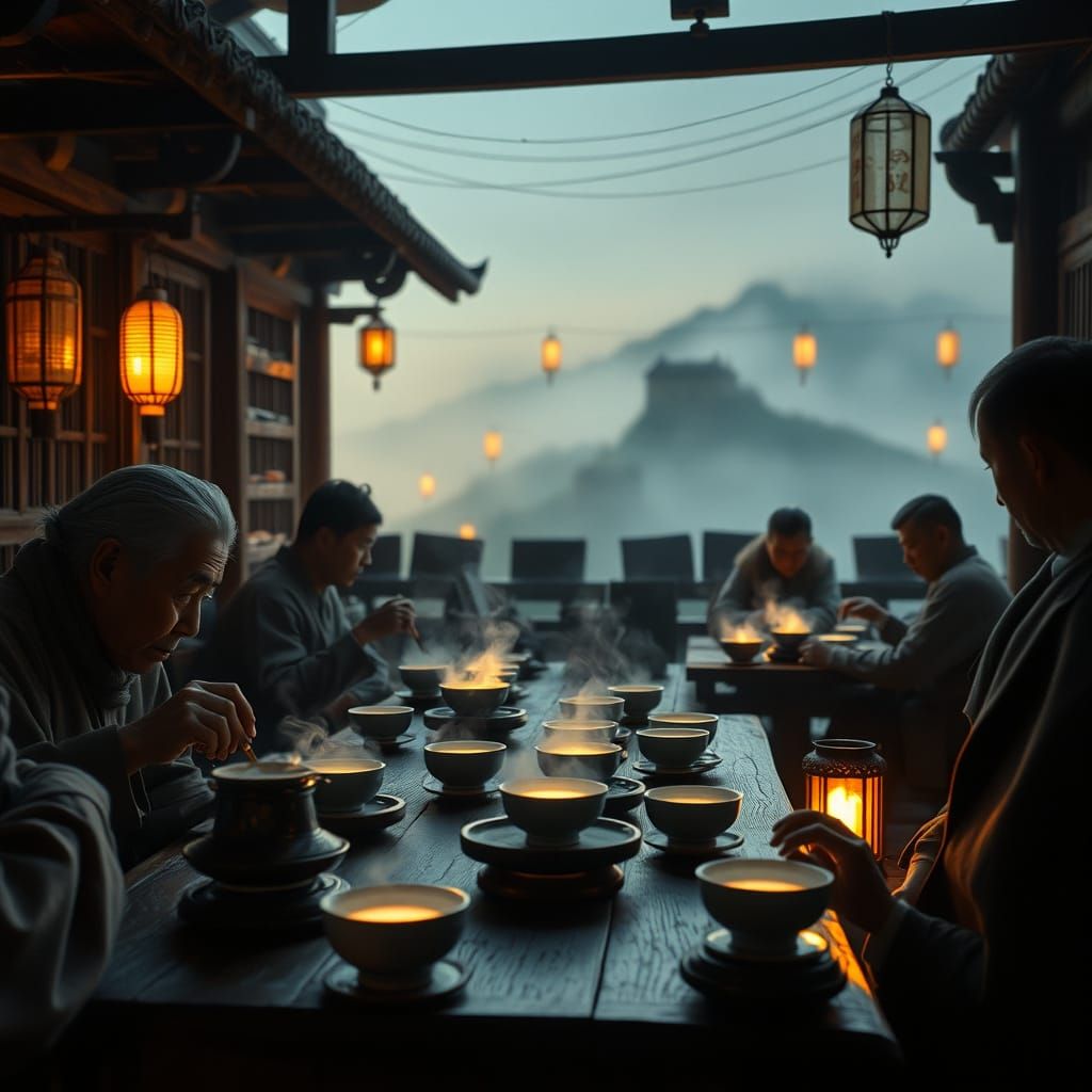 Chinese Villagers Share Tea Under Misty Great Wall