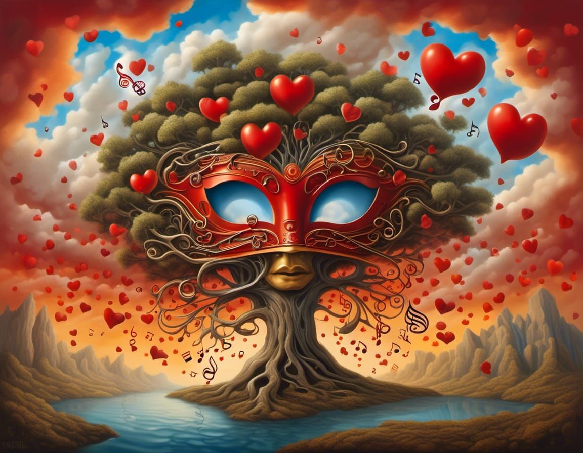 Surreal Mask and Tree in Oil Painting Style