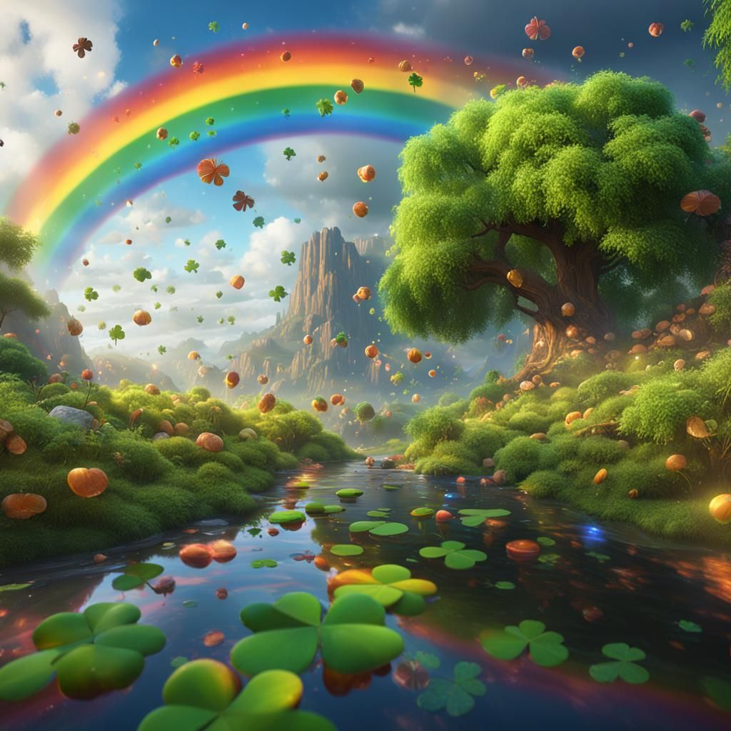 Rainbow with Falling Four-Leaf Clovers in Detailed Painting