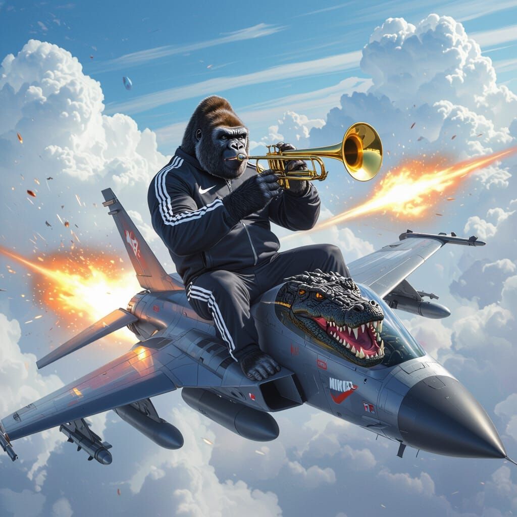 Gorilla Plays Trumpet on Fighter Jet with Crocodile Head