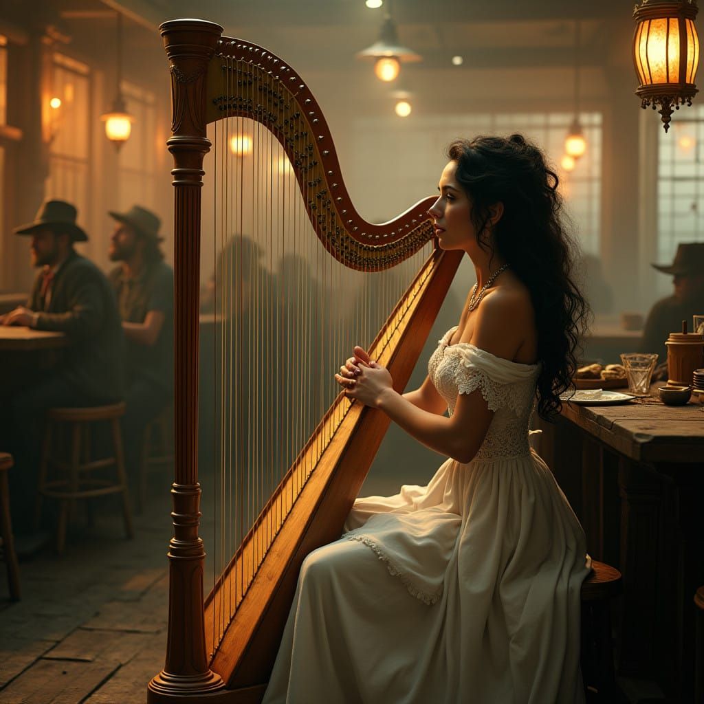 Enchanting Saloon Harpist in Fantasy Western Dreamscape