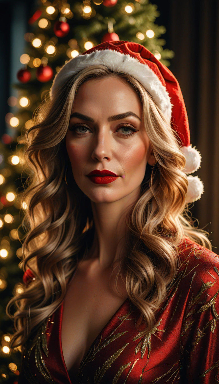 Elegant Blonde Woman in Santa Hat, Framed by Christmas Elega...