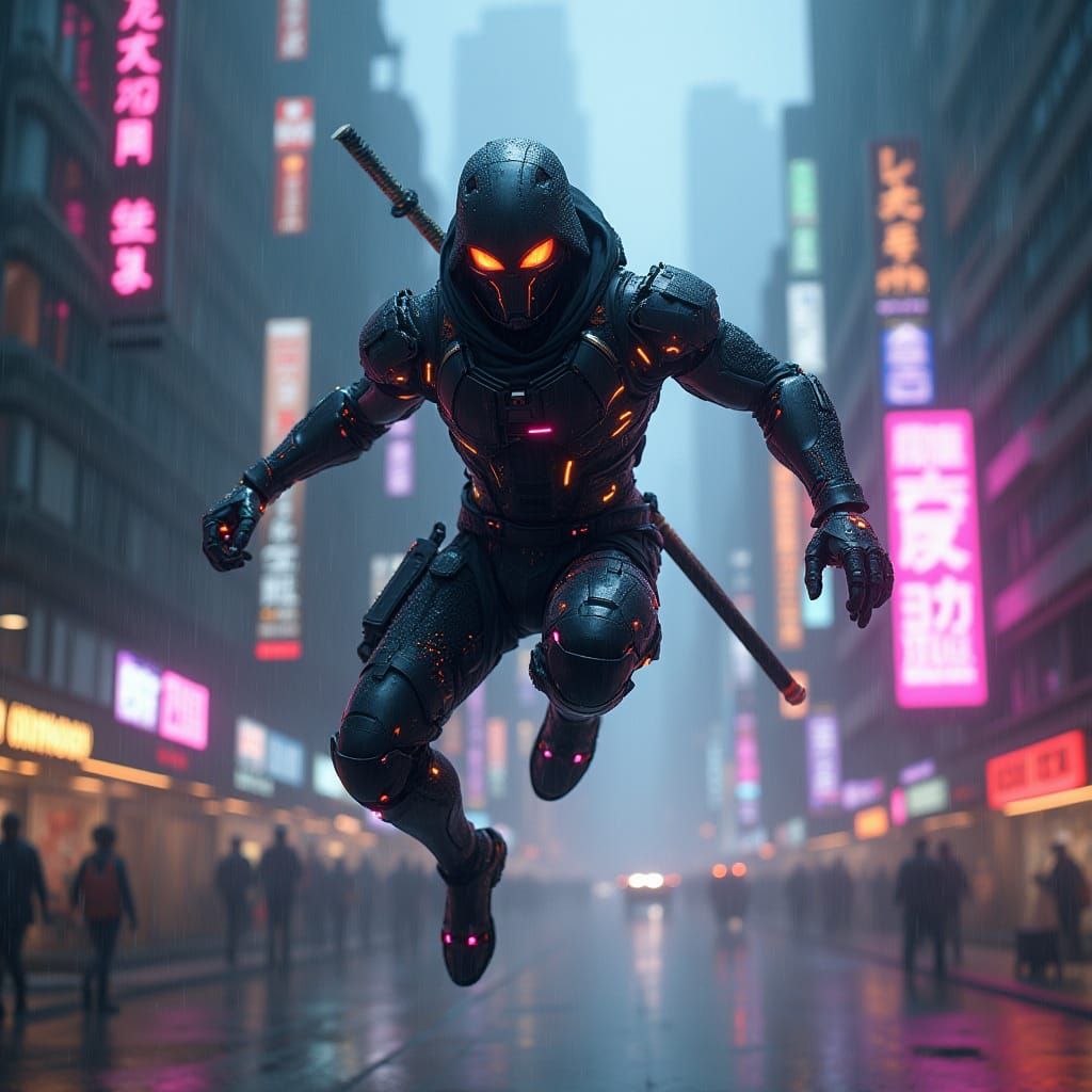 Cyberpunk Ninja Leaps Through Neon Metropolis
