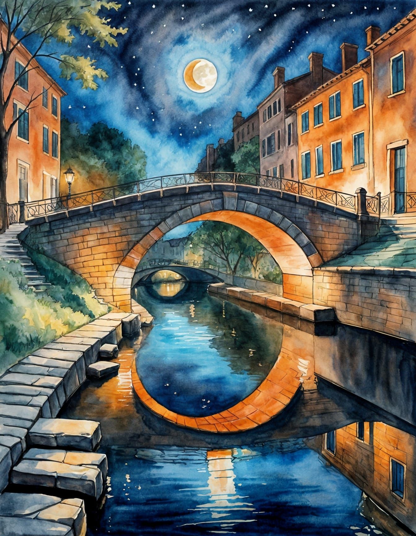 Stone Bridge Crescent Moon Reflection: Watercolor Pastel Art