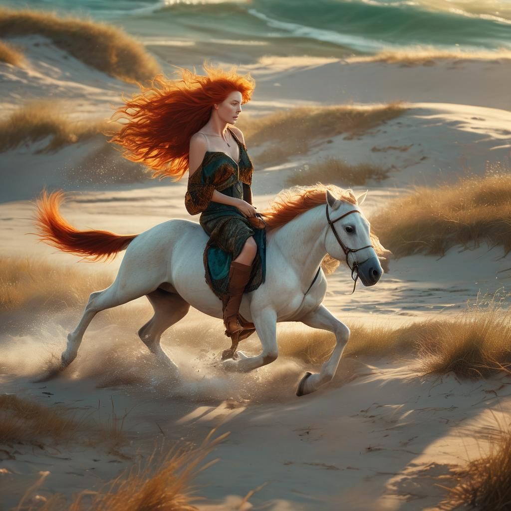 Redhead Centaur Runs Freely on Sunlit Beach