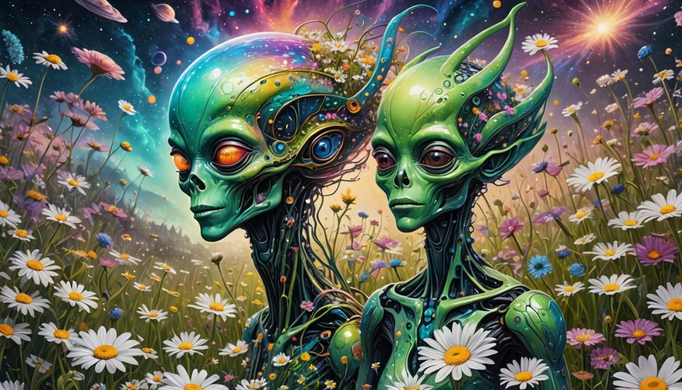 Alien in Love in Blooming Meadow, Astral Illustration