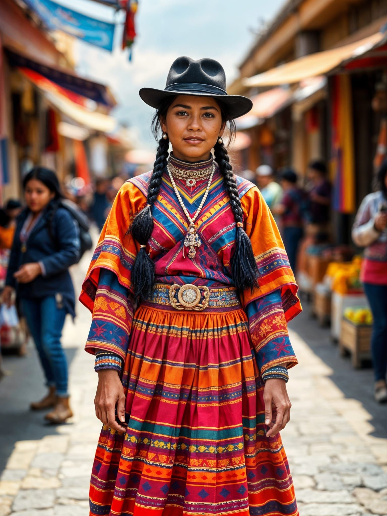 Bolivian Cholita Woman in Colorful Market Scene