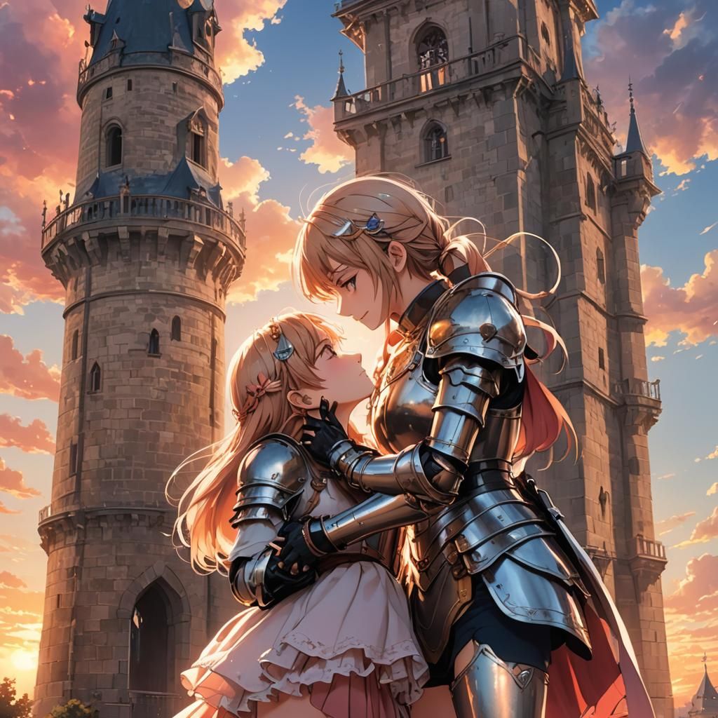 Anime Girls Kissing on Tower in Romantic Manga Style