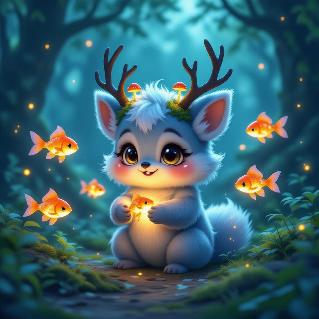 Fluffy Forest Creature Interacts with Bioluminescent Fish