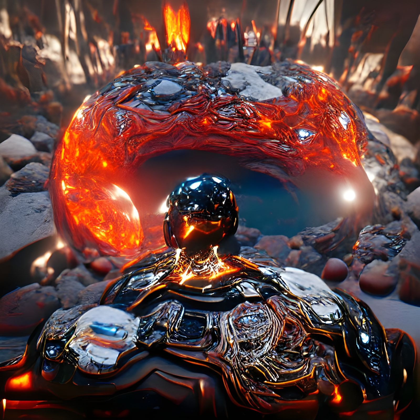 Chrome Orb Over Lava Chamber in Biopunk Style