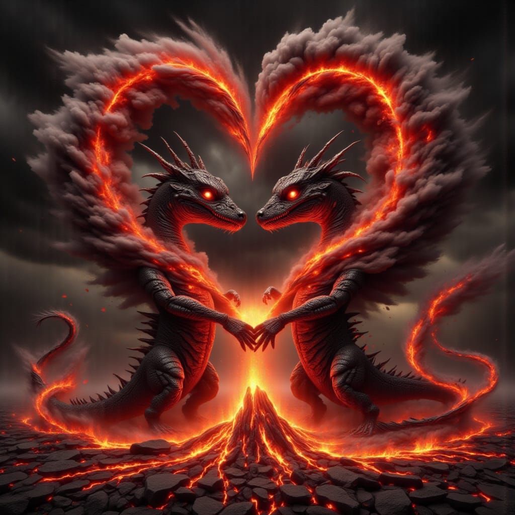 Romantic Lava Creatures with Erupting Volcano