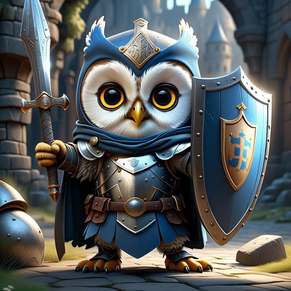 Adorable Owlet Knight's Armor Struggle: Detailed Matte Paint...