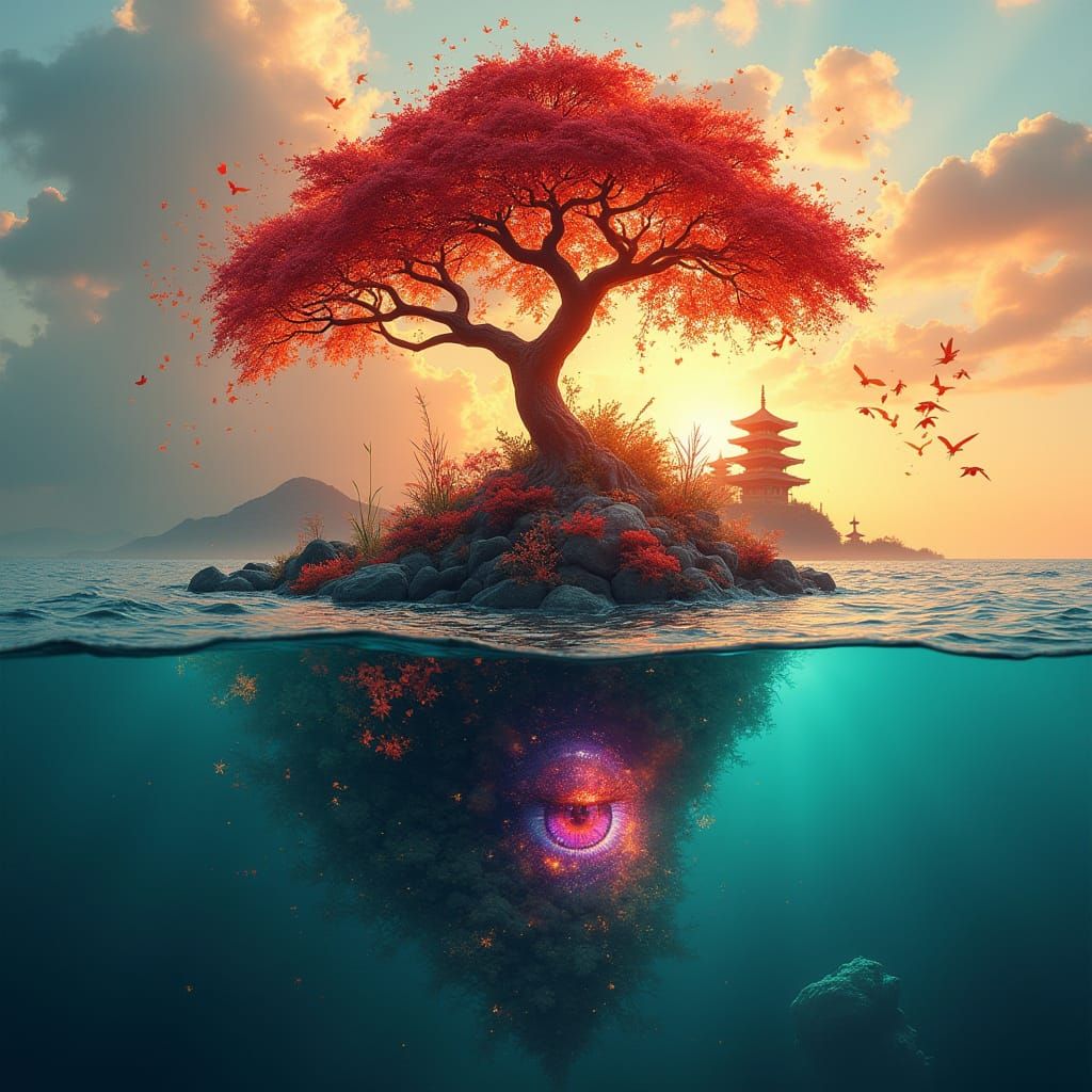 Surreal Double Exposure of Transcendent Being in Fiery Trans...