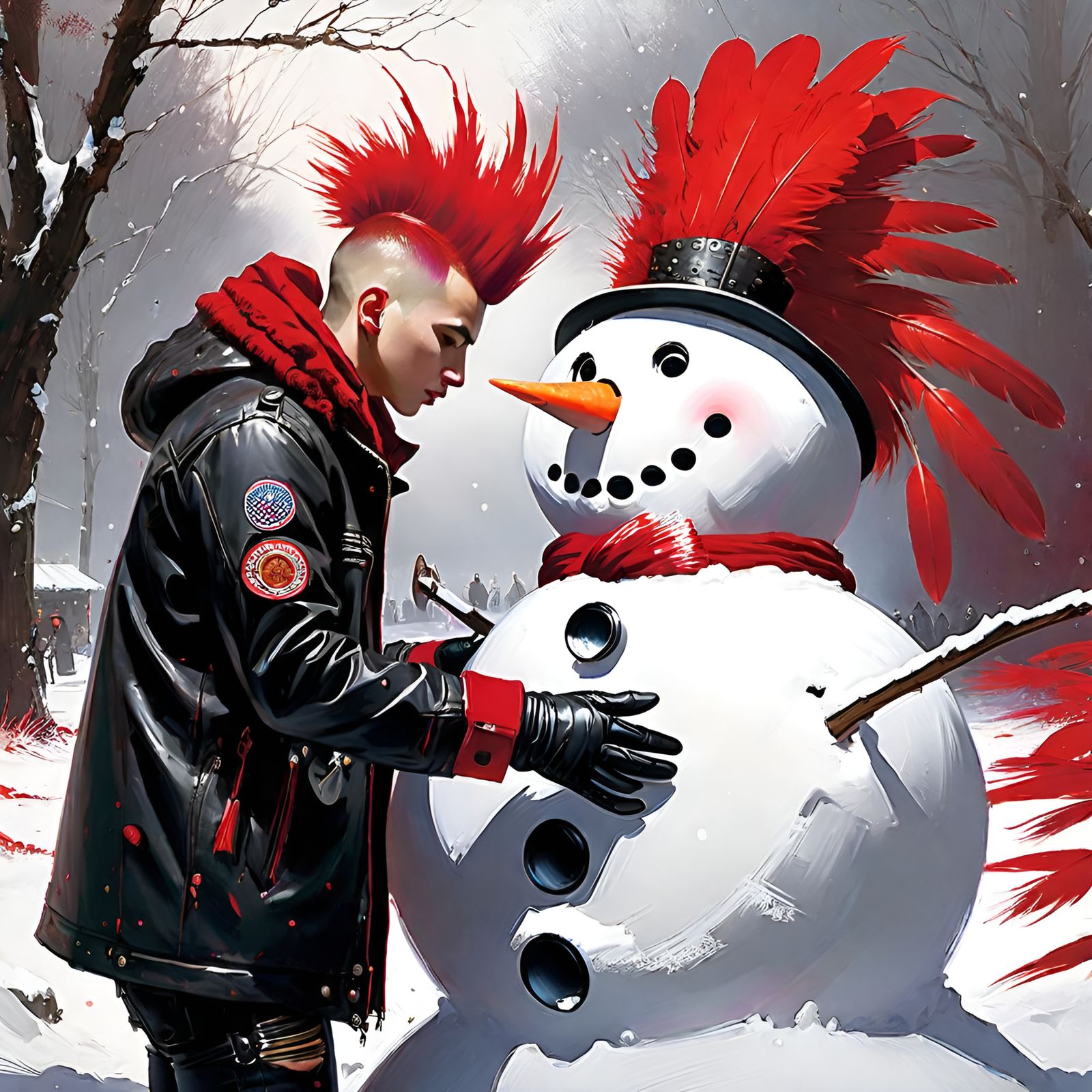 Snowman with a red mohawk made of red feathers