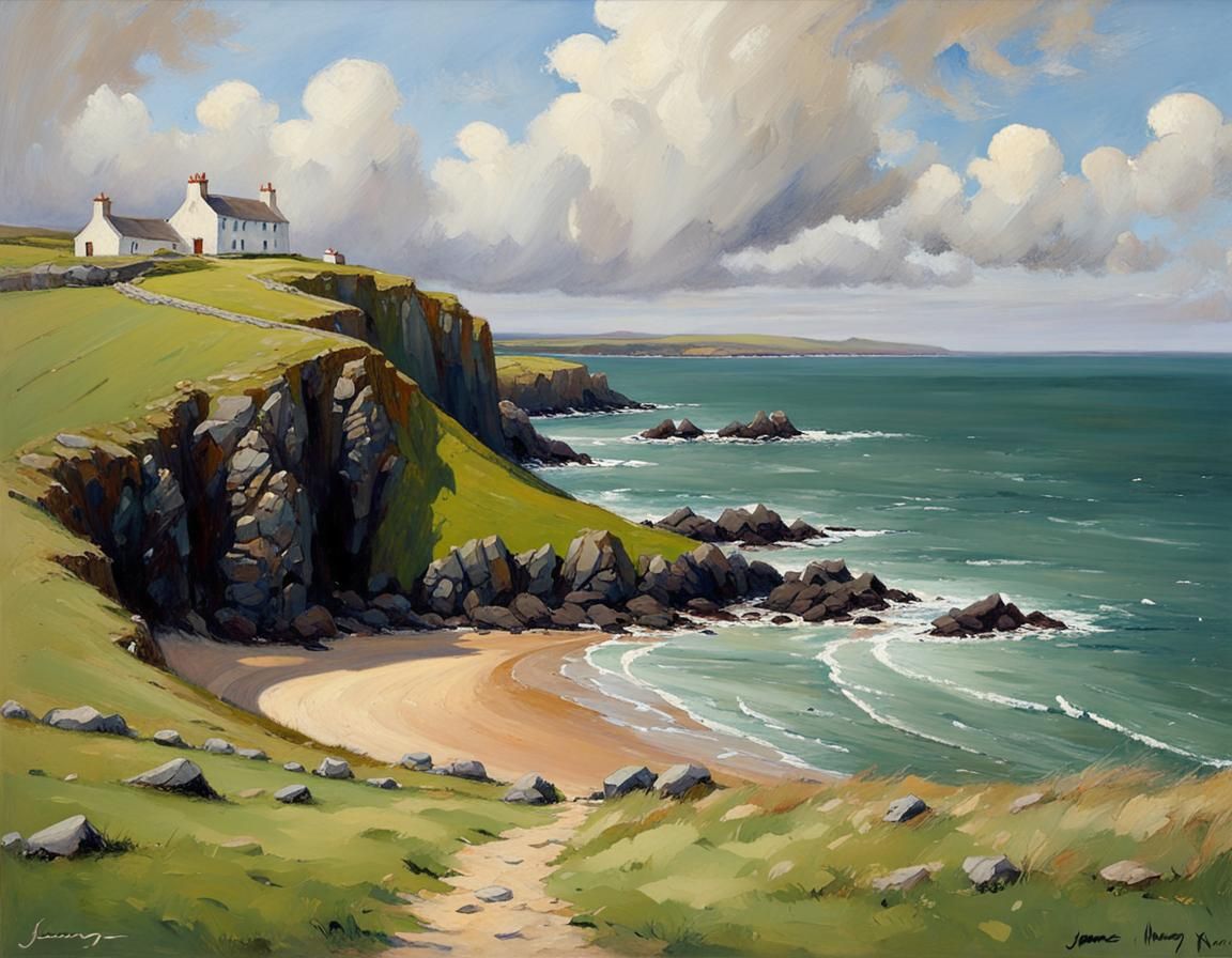 Idyllic Irish Coastal Landscape in Oil Painting Style