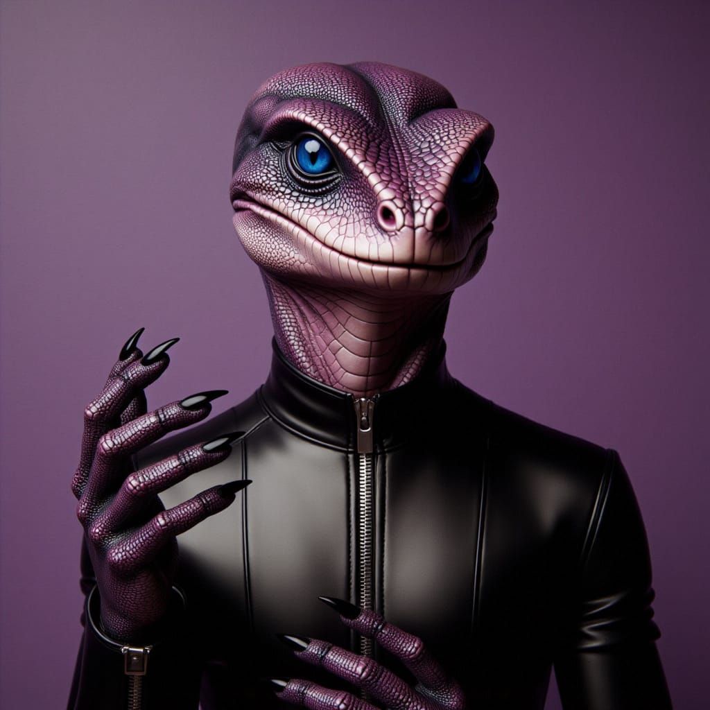 <lora:SRaC:1.0> medium shot portrait, cute male reptilian wearing a leather outfit and posing dramatically, sparkles bac...