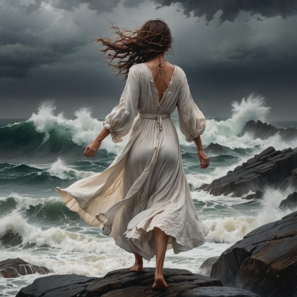 Woman on Stormy Coast: a Watercolor Fantasy