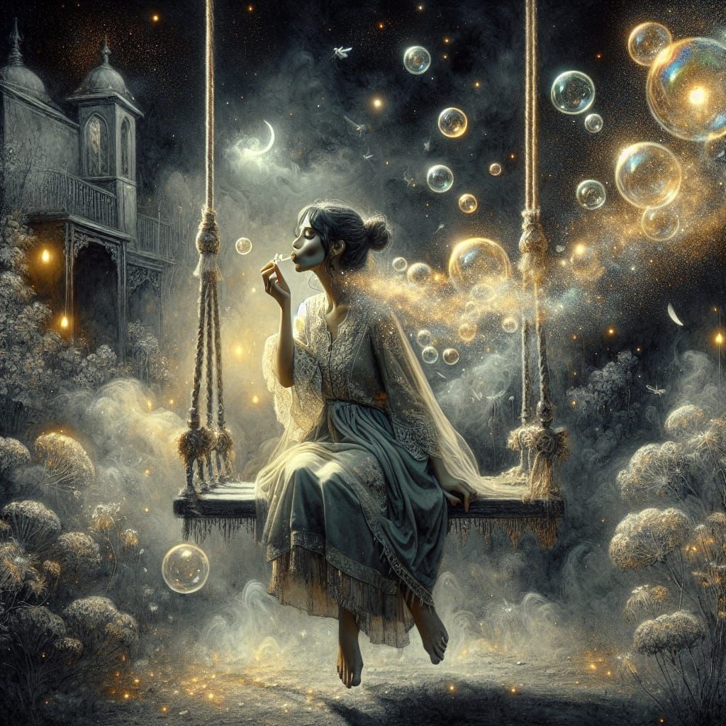 Woman on Antique Swing Blowing Soap Bubbles