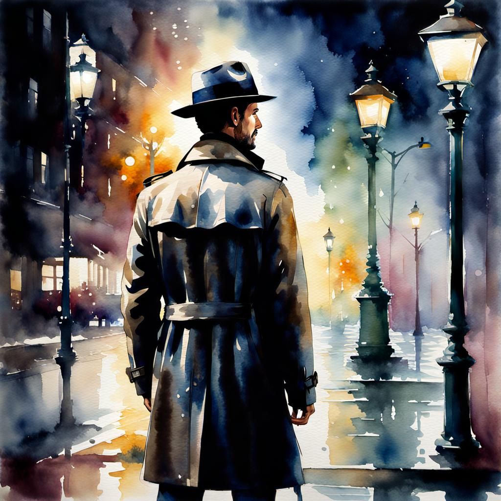Noir Impressionism: Man in Fedora Watercolor Portrait