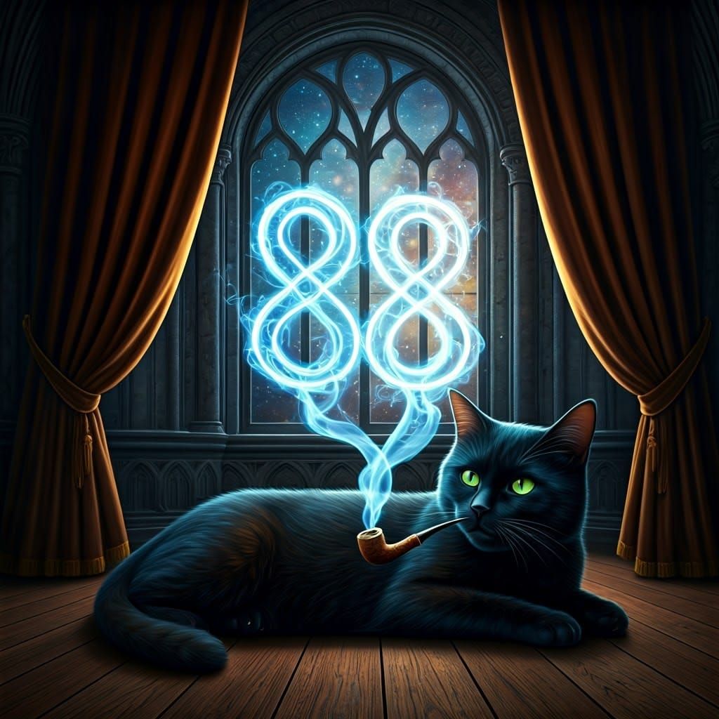 Mystical Cat Exhales Cosmic Smoke with Glowing Numbers